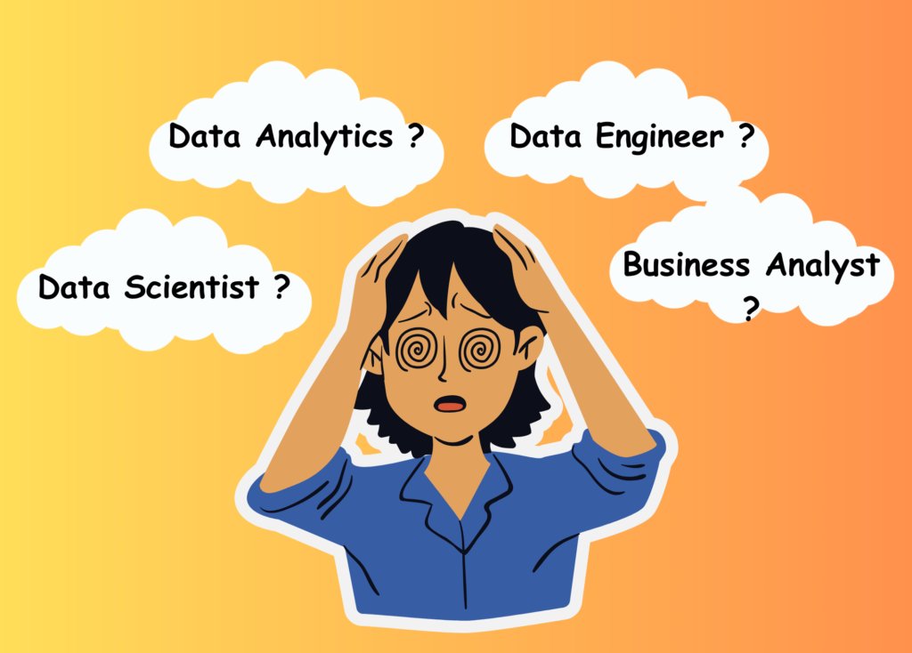 A diagram or map featuring different job titles related to data science, including Data Analytics, Data Engineer, Data Scientist, and Business Analyst. It includes a cartoon girl expressing confusion about these job names.