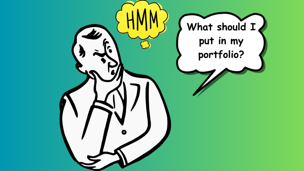 A cartoon-style drawing of a man thinking about what to put in his portfolio